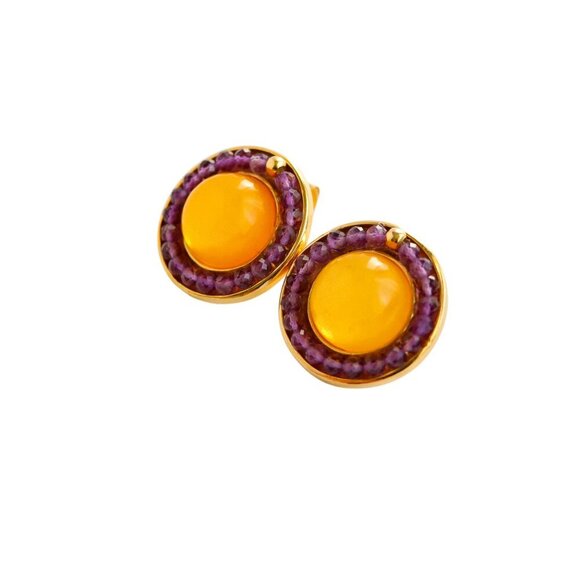 Egg Yolk Amber and Amethyst Earrings in 14k Gold Plated s925 - Picture 3 of 8